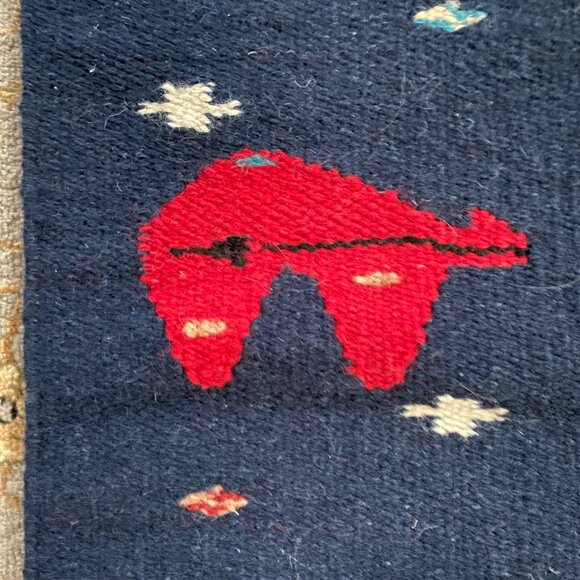 Handwoven Mexican ZAPOTEC Navy Wool Table Runner Red Bears Cloud Tassels 79"x10" - Picture 6 of 7